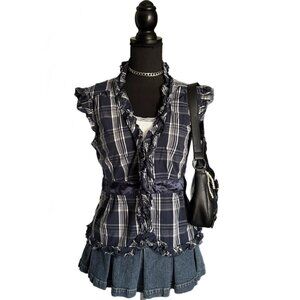 navy blue plaid ruffle blouse